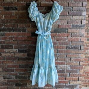LoveShackFancy x Target Estelle Puff Sleeve Maxi Dress Blue Floral Sz 14 Cotton